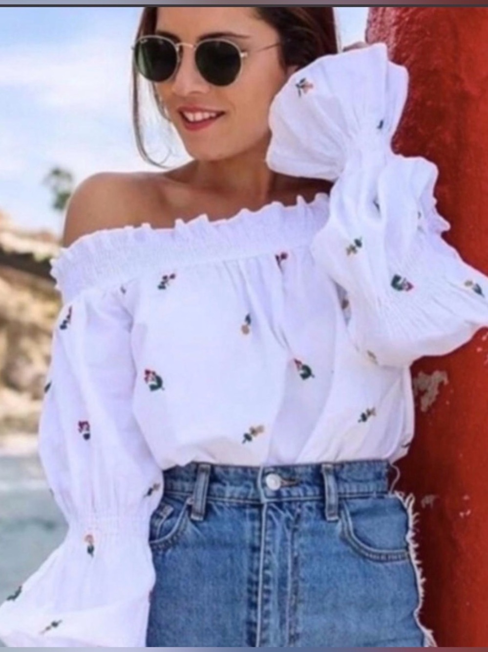 ZARA White off the shoulder blouse with floral embroidery & 3 teir ruffle sleeve